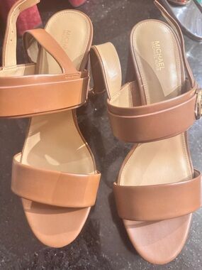 Michael Kors Tan Leather Double-Strap Block Heel Sandals